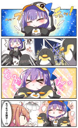 Rule 34 | !?, &gt; &lt;, 2girls, 4koma, :&lt;, :t, ^^^, absurdres, animal, bird, black jacket, blue bow, blush, bow, closed eyes, closed mouth, comic, commentary request, fate/grand order, fate (series), fujimaru ritsuka (female), highres, hood, hood up, hooded jacket, huge filesize, jacket, jako (jakoo21), long hair, long sleeves, meltryllis, meltryllis (fate), meltryllis (swimsuit lancer) (fate), meltryllis (swimsuit lancer) (first ascension) (fate), multiple girls, one side up, parted lips, penguin, profile, purple hair, sleeves past fingers, sleeves past wrists, sparkle background, speed lines, spoken interrobang, steam, sweat, translated, triangle mouth, v-shaped eyebrows, | |, || ||