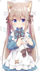 Rule 34 | 1girl, animal ears, apron, bandaid, blue eyes, blue jacket, blue skirt, blush, bow, brown bow, brown hair, cat ears, closed mouth, commentary request, crossed bandaids, diagonal stripes, flying sweatdrops, frilled apron, frilled skirt, frills, hair between eyes, hair bow, heart, heart hands, highres, jacket, jersey maid, long hair, looking at viewer, maid, maid apron, nakkar, original, skirt, solo, striped, striped bow, twintails, unconventional maid, very long hair, white apron, white background