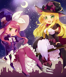 Rule 34 | 2girls, blonde hair, bow, breasts, broom, cape, cleavage, dress, duel monster, fork, ghostrick witch, gloves, green eyes, hat, heterochromia, highres, long hair, looking at viewer, madolche magileine, multiple girls, open mouth, pantyhose, pink hair, purple eyes, purple hair, smile, star (symbol), witch hat, yaibaken, yu-gi-oh!