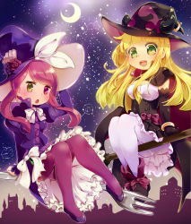 2girls blonde_hair bow breasts broom cape cleavage dress duel_monster fork ghostrick_witch gloves green_eyes hat heterochromia highres long_hair looking_at_viewer madolche_magileine multiple_girls open_mouth pantyhose pink_hair purple_eyes purple_hair smile star_(symbol) witch_hat yaibaken yu-gi-oh!