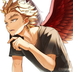 Rule 34 | 1boy, adam&#039;s apple, arm up, blonde hair, boku no hero academia, casual, dripping, facial hair, facial mark, feathered wings, goatee, hawks (boku no hero academia), leaning forward, light particles, light rays, male focus, open mouth, red wings, shadow, shirt, short hair, sideburns, simple background, solo, spread wings, sweat, sweatdrop, nervous sweating, tonbanlove, twitter username, upper body, white shirt, wings, yellow eyes