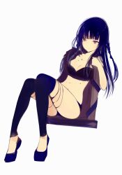 Rule 34 | 1girl, bare shoulders, black bra, black hair, black panties, black thighhighs, blunt bangs, blush, bra, braid, breasts, character request, cleavage, closed mouth, collarbone, copyright request, expressionless, long hair, lpip, midriff, multiple braids, navel, panties, purple eyes, sidelocks, simple background, sitting, solo, stomach, thighhighs, thighs, torn clothes, torn thighhighs, underwear, very long hair, white background
