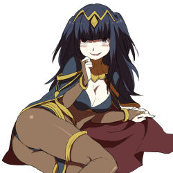 Rule 34 | 1girl, ass, black eyes, black hair, blunt bangs, blush, bodysuit, bracelet, breasts, bridal gauntlets, cleavage, fire emblem, fire emblem awakening, hair ornament, hand on own chin, hetano yoko sukii, jewelry, long hair, looking at viewer, lots of jewelry, lying, nintendo, on side, open mouth, smile, solo, tharja (fire emblem), two side up, white background