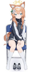 Rule 34 | 1girl, absurdres, animal ear fluff, animal ears, black footwear, black jacket, blue archive, blue eyes, blush, chair, closed mouth, flower, full body, hair flower, hair ornament, hairband, halo, highres, jacket, long hair, long sleeves, looking at viewer, mari (blue archive), mari (track) (blue archive), multicolored clothes, multicolored jacket, on chair, orange hair, sh (shinh), shoes, unworn shoes, sitting, smile, socks, solo, tail, track jacket, two-tone jacket, white hairband, white jacket, white socks, zipper