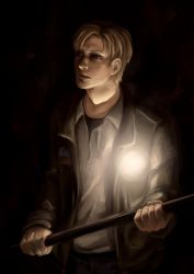 Rule 34 | 1boy, blonde hair, holding, jacket, james sunderland, male focus, open clothes, open jacket, parted lips, realistic, shirt, short hair, silent hill (series), silent hill 2, solo, upper body, weapon