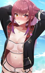 Rule 34 | 1girl, absurdres, arrow through heart, blush, breasts, heterochromia, highres, hololive, houshou marine, jacket, jewelry, large areolae, long hair, necklace, red eyes, red hair, see-through, shimaketa, short shorts, shorts, solo, virtual youtuber, yellow eyes