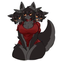 Rule 34 | absurdres, animal collar, animal ears, black fur, black sclera, body fur, bone, breasts, cerberus, cleavage, collar, colored sclera, dog ears, dog girl, furry, furry female, highres, large breasts, looking at viewer, multiple heads, nangmanheeyou, original, personification, red shirt, shirt, simple background, t-shirt, tail, white background