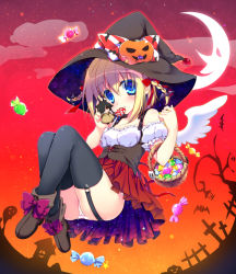 Rule 34 | 1girl, bad id, bad pixiv id, basket, blonde hair, blue eyes, blush, candy, crescent moon, food, garter straps, halloween, hat, inose riku, lollipop, looking at viewer, moon, mouth hold, original, panties, short hair, solo, thighhighs, underwear, wings, witch hat