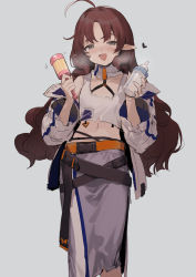 Rule 34 | 1girl, :d, ahoge, arknights, baby bottle, bare shoulders, belt, blush, bottle, brown eyes, brown hair, collarbone, detached sleeves, feet out of frame, flat chest, heart, heavy breathing, highres, long hair, long sleeves, looking at viewer, midriff, motion lines, myrtle (arknights), navel, open mouth, pointy ears, purple skirt, rattle, sh (shinh), simple background, skirt, smile, solo, standing, very long hair, white background