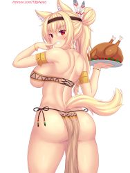 Rule 34 | 1girl, animal ear fluff, animal ears, arm up, ass, blonde hair, bracelet, breasts, cat ears, cat tail, cowboy shot, feathers, finger to mouth, food, grin, hair bun, headband, highres, holding, jewelry, large breasts, loincloth, long hair, looking at viewer, looking back, no panties, nottytiffy, original, patreon username, red eyes, simple background, single hair bun, slit pupils, smile, solo, tail, teeth, thanksgiving, thighs, tiffy (nottytiffy), tray, tribal, turkey (food), watermark, web address, white background