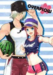 Rule 34 | 1boy, 1girl, bad id, bad pixiv id, baseball cap, bikini, bikini shorts, black hat, blue shirt, collarbone, cowboy shot, dezel (dark lifeguard) (tales), dezel (tales), flower, green eyes, hair over one eye, hat, hibiscus, looking at viewer, midriff, navel, official alternate costume, outstretched arm, pants, print shirt, purple hat, red flower, red hair, red pants, red shorts, rose (beach girl) (tales), rose (tales), saklo, shirt, short hair, short shorts, short sleeves, shorts, silver hair, sleeveless, sleeveless shirt, standing, stomach, striped, striped background, swimsuit, tales of (series), tales of zestiria, tied shirt, whistle, white shirt, wristband