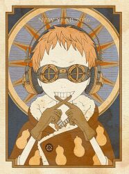 Rule 34 | 1boy, 2016, border, brown cloak, brown theme, chinese zodiac, cloak, covered eyes, english text, facing viewer, food print, fur-trimmed cloak, fur trim, goggles, gourd, grin, hands up, happy new year, headphones, index finger raised, male focus, new year, orange hair, original, short hair, skinny, smile, solo, straight-on, sun symbol, tokyo mononoke, upper body, year of the monkey