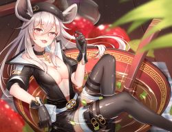 Rule 34 | 1girl, animal ears, black dress, black gloves, black thighhighs, breasts, brown eyes, cherry, cleavage, collar, collarbone, cup, dress, floating hair, food, fruit, gloves, hair between eyes, highres, holding, holding food, holding fruit, long hair, looking at viewer, medium breasts, mouse ears, open clothes, open dress, open mouth, partially unzipped, sakazuki, saliva, saliva trail, short dress, silver hair, solo, thigh strap, thighhighs, yuhuan