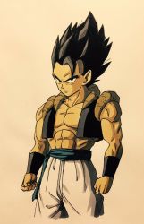 Rule 34 | 10s, 1boy, abs, arms at sides, black eyes, black hair, clenched hands, dragon ball, dragon ball super, dragon ball super broly, expressionless, frown, gogeta, lee (dragon garou), male focus, muscular, pants, pectorals, shaded face, short hair, simple background, solo, spiked hair, topless male, upper body, waistcoat, white pants