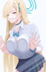 Rule 34 | absurdres, against glass, alternate hair color, asuna (blue archive), asymmetrical bangs, blonde hair, blue archive, breast press, breasts, breasts on glass, button gap, choker, commentary, glass, grin, guntree, gyaru, hair over one eye, halo, highres, kogal, large breasts, leaning forward, long bangs, looking at viewer, miniskirt, revision, school uniform, shirt, shirt tucked in, simple background, skirt, smile, tented shirt, uniform, white shirt