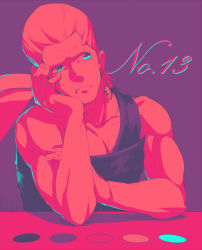 Rule 34 | 1boy, :t, arm support, asymmetrical clothes, bad id, bad pixiv id, blue eyes, closed mouth, collarbone, color guide, earrings, flattop, hand on own cheek, hand on own face, head rest, jean pierre polnareff, jewelry, jojo no kimyou na bouken, limited palette, looking afar, male focus, purple background, ruchi, simple background, solo, table, upper body