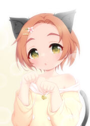 Rule 34 | 1girl, :o, animal ears, bare shoulders, blush, cat ears, cat tail, collarbone, commentary request, flower, forehead, green eyes, hair flower, hair ornament, hairclip, highres, hood, hoodie, hosizora mikoto, idolmaster, idolmaster cinderella girls, looking at viewer, off shoulder, open mouth, orange hair, paw pose, ryuzaki kaoru, short hair, solo, tail, upper body, yellow hoodie
