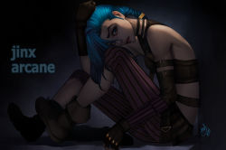 Rule 34 | 1girl, ankle boots, arcane: league of legends, arcane jinx, asdj, bare shoulders, blue hair, boots, braid, breasts, brown footwear, brown gloves, character name, clip studio paint (medium), copyright name, fingerless gloves, from side, gloves, highres, jinx (league of legends), league of legends, long hair, looking at viewer, no tattoo, pants, parted lips, pink pants, solo, striped clothes, striped pants, teeth, twin braids