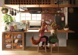 Rule 34 | 159cm, 2girls, animal ears, black pants, bottle, brown footwear, brown hair, ceiling light, counter, facing away, from behind, glan (159cm), glass, green footwear, green hair, green skirt, horns, huge horns, indoors, long hair, multiple girls, original, pants, pink sweater, plant, plate, potted plant, refrigerator, shoes, sitting, skirt, slippers, stool, sweater, tail, wine-chan (159cm)