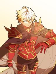 Rule 34 | 1boy, armor, black cape, blonde hair, brown cape, cape, cape hold, closed mouth, commentary request, gauntlets, gawain (granblue fantasy), granblue fantasy, green eyes, hair ornament, higaragi, highres, looking at viewer, male focus, multicolored cape, multicolored clothes, red armor, simple background, solo, yellow background