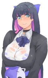 Rule 34 | 10s, 1girl, aqua eyes, black hair, blush, breasts, cleavage, female focus, highres, large breasts, long hair, looking at viewer, minakami (flyingman555), multicolored hair, panty &amp; stocking with garterbelt, simple background, smile, solo, stocking (psg), white background