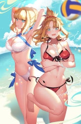 Rule 34 | 2girls, aqua eyes, arm under breasts, armpits, arms behind head, arms up, artoria pendragon (all), artoria pendragon (fate), artoria pendragon (swimsuit archer) (fate), artoria pendragon (swimsuit archer) (first ascension) (fate), ball, bare shoulders, barefoot, beach, beach volleyball, bikini, blonde hair, blue bow, blue sky, blush, bow, braid, braided bun, breasts, cleavage, cloud, crossed arms, day, fate/grand order, fate (series), front-tie top, green eyes, hair bun, halterneck, high ponytail, large breasts, mordred (fate), mordred (fate) (all), mordred (fate/apocrypha), mordred (swimsuit rider) (fate), mordred (swimsuit rider) (first ascension) (fate), multiple girls, navel, ocean, open mouth, orange sekaii, outdoors, photoshop (medium), playing sports, red bikini, saber (fate), side-tie bottom, sidelocks, sky, standing, stomach, swimsuit, thighs, toes, underboob, untied bikini, volleyball, volleyball (object), wardrobe malfunction, water, waves, white bikini