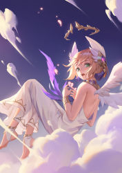 Rule 34 | 1girl, above clouds, angel wings, backless dress, backless outfit, blonde hair, bracelet, broken heart, clothing request, cloud, commentary request, dawn, dress, flying, green eyes, heart, highres, jewelry, laurel crown, open mouth, original, reclining, solo, tagme, white dress, wings, yeong-hao han