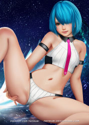 Rule 34 | 1girl, arm strap, bad id, bad pixiv id, bikini, bikini bottom only, blue hair, breasts, closed mouth, dead or alive, dead or alive 6, green eyes, hair over one eye, lips, looking at viewer, necktie, nefrubi, nico (doa), patreon username, reflection, short hair, sleeveless, small breasts, solo, spread legs, star (symbol), starry background, swimsuit, watermark, web address