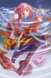 Rule 34 | 10s, 1girl, bare shoulders, black legwear, center opening, detached sleeves, fingerless gloves, flower, gloves, guilty crown, hair ornament, highres, l.green, partially submerged, pink hair, red eyes, solo, water, wet, wet clothes, yuzuriha inori
