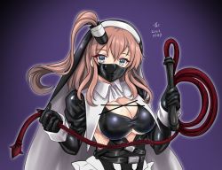 Rule 34 | 1girl, alternate costume, black gloves, blue eyes, breasts, brown hair, gloves, habit, hair between eyes, holding, holding whip, kantai collection, large breasts, long sleeves, mask, mouth mask, ponytail, saratoga (kancolle), side ponytail, sidelocks, smokestack hair ornament, solo, tk8d32, upper body