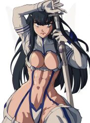 Rule 34 | 1girl, abs, black hair, blue eyes, breasts, commentary, devil may cry (series), drawing sword, english commentary, highres, holding, holding sword, holding weapon, junketsu, katana, kill la kill, kiryuuin satsuki, large breasts, light frown, long hair, looking at viewer, muscular, muscular female, simple background, solo, sword, thick eyebrows, weapon, white background, yoracrab