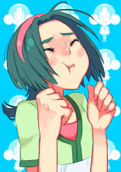 Rule 34 | 00s, 1girl, :t, akimoto komachi, angry, blush, closed eyes, face, green hair, hairband, long hair, pout, precure, solo, ukokkei, yes! precure 5