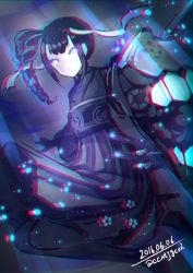 Rule 34 | 10s, 1girl, abyssal ship, ancient destroyer oni, bad id, bad pixiv id, black hair, black legwear, blue eyes, dated, drill hair, gloves, glowing, glowing eyes, hair ornament, hakama, hakama skirt, ieki, japanese clothes, kantai collection, kimono, light beam, long hair, looking at viewer, machinery, meiji schoolgirl uniform, open mouth, side ponytail, skirt, solo, teeth, twitter username, underwater, wide sleeves