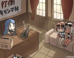 Rule 34 | 10s, 3girls, ahoge, barefoot, blue eyes, blue hair, box, cardboard box, cellphone, commentary, computer, couch, crop top, curtains, dated, desk, eighth note, elbow gloves, eyewear on head, flower, glasses, gloves, hair between eyes, hair flower, hair ornament, hamu koutarou, i-58 (kancolle), indoors, kantai collection, laptop, light brown hair, meta, mouse (computer), multiple girls, musical note, neckerchief, office, on couch, phone, quaver, red eyes, ro-500 (kancolle), sailor collar, samidare (kancolle), school swimsuit, school uniform, serafuku, shirt, short hair, sitting, sleeveless, sleeveless shirt, slippers, smartphone, smile, sunglasses, swept bangs, swimsuit, swimsuit under clothes, tan, text focus, translated, white hair, window