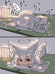 Rule 34 | !, 1girl, 2koma, :&lt;, animal ear fluff, animal ears, chibi, comic, commentary request, fox ears, fox girl, fox tail, grey background, grey hair, hair between eyes, highres, indoors, japanese clothes, kimono, lantern, long hair, long sleeves, lying, on stomach, original, parted lips, pillow, simple background, sleeping, spoken exclamation mark, spoken zzz, tail, tatami, triangle mouth, very long hair, waking up, white kimono, wide sleeves, yuuji (yukimimi), zzz