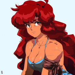 Rule 34 | 1990s (style), 1girl, armband, big hair, breasts, camisole, cleavage, commentary, dark-skinned female, dark skin, david liu, english commentary, hair down, large breasts, long hair, maria (space maria), red eyes, red hair, retro artstyle, scar, solo, space maria, spaghetti strap, white background