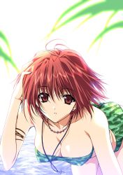 Rule 34 | 1girl, bent over, bikini, breasts, camouflage, camouflage bikini, cleavage, earrings, highres, jewelry, large breasts, necklace, parted lips, red eyes, red hair, solo, summer, suzuhira hiro, swimsuit