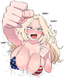 Rule 34 | 1girl, america (ohasi), american flag, american flag print, bare arms, bare shoulders, bikini, blonde hair, blue eyes, blush, bouncing breasts, breasts, cleavage, collarbone, english text, flag print, large breasts, long hair, ohasi, open mouth, original, parted bangs, raised fist, shiny skin, solo, striped bodysuit, sweat, swimsuit, upper body