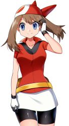 Rule 34 | 1girl, bandana, bike shorts, blue eyes, breasts, brown hair, closed mouth, collarbone, collared shirt, commentary, cowboy shot, creatures (company), eyelashes, fanny pack, floating hair, game freak, gloves, hand up, highres, long hair, may (pokemon), nintendo, pokemon, pokemon rse, red bandana, red shirt, shiny clothes, shiny skin, shirt, short sleeves, sideways glance, simple background, skirt, smile, solo, split mouth, white background, white gloves, white skirt, yellow bag, yuihico