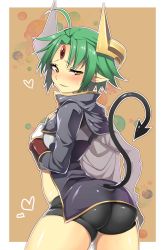 Rule 34 | 1boy, ahoge, androgynous, ark mateus, armor, ass, ass focus, bad id, bad pixiv id, bike shorts, brown background, demon boy, demon tail, forehead jewel, frown, gloves, green hair, highres, horns, looking back, male focus, pointy ears, shinrabanshou, short hair, shorts, simple background, slit pupils, solo, sweatdrop, tail, thick thighs, thighs, trap, wadani hitonori, white gloves, yellow eyes