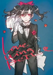 Rule 34 | 10s, 1girl, bad id, bad pixiv id, black bow, black hair, blue background, bouquet, boutonniere, bow, bowtie, center frills, cowboy shot, crossdressing, flower, formal, frilled shirt collar, frills, gloves, hair bow, holding, holding bouquet, light smile, long sleeves, looking at viewer, love live!, love live! school idol project, love wing bell, petals, pin (leehn0507), red bow, red eyes, simple background, solo, song name, traditional bowtie, tuxedo, twintails, white gloves, yazawa nico