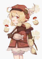 Rule 34 | 1girl, :d, ahoge, artist name, backpack, bag, blonde hair, brown gloves, clivenzu, from side, genshin impact, gloves, hat, hat feather, jacket, klee (genshin impact), looking at viewer, looking to the side, low twintails, medium hair, open mouth, pointy ears, puffy shorts, randoseru, red eyes, red hat, red jacket, shorts, smile, solo, twintails, white background