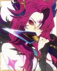 Rule 34 | 1girl, animal ears, border, facial mark, feathers, forehead mark, highres, holding, holding feather, holding weapon, jian tai (cuoyu0), league of legends, long hair, looking at viewer, official alternate costume, official alternate hairstyle, orange border, parted bangs, pink eyes, pink hair, signature, simple background, solo, star guardian xayah, upper body, weapon, white background, xayah