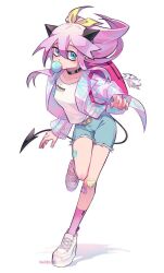 Rule 34 | 1girl, backpack, bag, bandaid, bandaid on leg, blue eyes, breasts, chewing gum, demon tail, ear piercing, full body, horns, jacket, long hair, one leg raised, original, par0llel, piercing, pink hair, ponytail, shoes, shorts, simple background, small breasts, sneakers, tail, white background