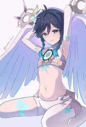 Rule 34 | 1boy, absurdres, androgynous, armpits, arms up, black hair, blue hair, braid, chest tattoo, crop top, feathered wings, flower, genshin impact, gradient hair, hair flower, hair ornament, highres, male focus, midriff, multicolored hair, navel, official alternate costume, samseu, shorts, solo, stomach, tattoo, twin braids, venti (archon) (genshin impact), venti (genshin impact), white flower, white shorts, white wings, wings