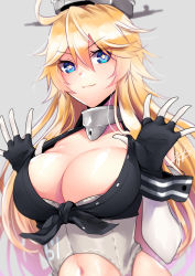Rule 34 | 1girl, bad id, bad twitter id, blonde hair, blue eyes, blurry, breasts, chikage (blackclownery), cleavage, depth of field, fingerless gloves, front-tie top, gloves, grey background, hair between eyes, headgear, highres, iowa (kancolle), kantai collection, large breasts, looking at viewer, navel, pulled by self, simple background, smile, solo, star-shaped pupils, star (symbol), symbol-shaped pupils, upper body