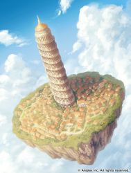 Rule 34 | architecture, blue sky, cloud, cloudy sky, copyright request, dirt road, floating island, garutaisa, highres, nature, phallic symbol, pillar, road, rock, scenery, shade, shadow, sky, sunlight, tower, town