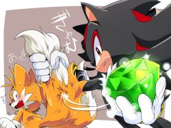 Rule 34 | 2boys, ^^^, animal ears, animal nose, black hair, blue eyes, blush, body fur, border, brown background, chaos emerald, commentary request, fang, fox boy, fox ears, fox tail, from behind, furry, furry male, gem, gloves, hedgehog ears, hedgehog tail, holding, holding gem, looking at another, looking at viewer, looking back, male focus, misuta710, multicolored hair, multiple boys, multiple tails, open mouth, orange fur, orange hair, outside border, profile, red hair, shadow the hedgehog, simple background, sonic (series), sonic adventure 2, sonic the hedgehog, sonic the hedgehog (classic), sonic the hedgehog 2, sparkle, streaked hair, sweat, tail, tail grab, tails (sonic), teeth, translation request, two-tone hair, wavy mouth, white border, white gloves, white hair
