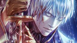 Rule 34 | 1boy, bishounen, black gloves, blood, blood in hair, blood on face, blue eyes, coat, devil may cry, devil may cry (series), devil may cry 3, fingerless gloves, gloves, holding, holding weapon, male focus, rain, solo, sword, tetsukojika, vergil (devil may cry), weapon, wet, wet clothes, wet hair, white hair, yamato (sword)