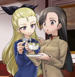 Rule 34 | 2girls, :o, assam (girls und panzer), asymmetrical bangs, black neckwear, black ribbon, blonde hair, blue eyes, blue sweater, brown eyes, brown hair, brown jacket, chi-hatan school uniform, closed mouth, commentary request, cup, dress shirt, girls und panzer, hair pulled back, hair ribbon, high collar, holding, holding cup, holding saucer, indoors, jacket, long hair, long sleeves, multiple girls, necktie, nishi kinuyo, open mouth, partial commentary, rents (akirents), ribbon, saucer, school uniform, shirt, smile, st. gloriana&#039;s school uniform, sweater, teacup, v-neck, white shirt, wing collar